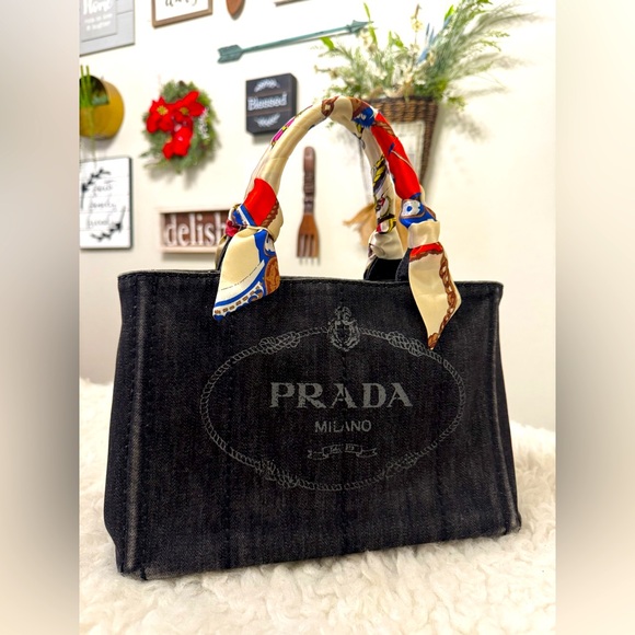 PRADA Black Denim Logo-Print Small Tote Bag - Picture 1 of 16